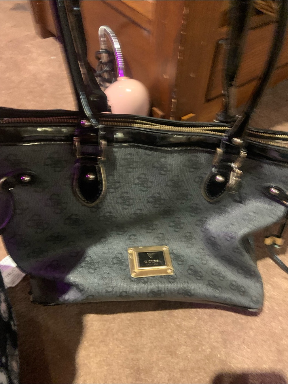 Guess Black and Gray Logo Tote with Gold Plaque